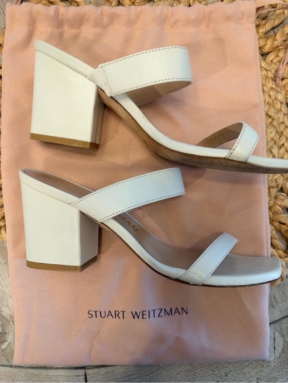 Stuart Weitzman White Leather Two-Strap Block Heel Sandals